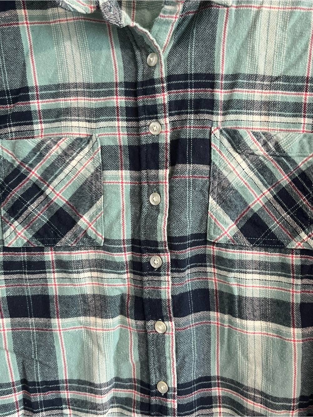 O+O Aqua and Navy Flannel Plaid Button-Down Shirt Size XL - Picture 2 of 9